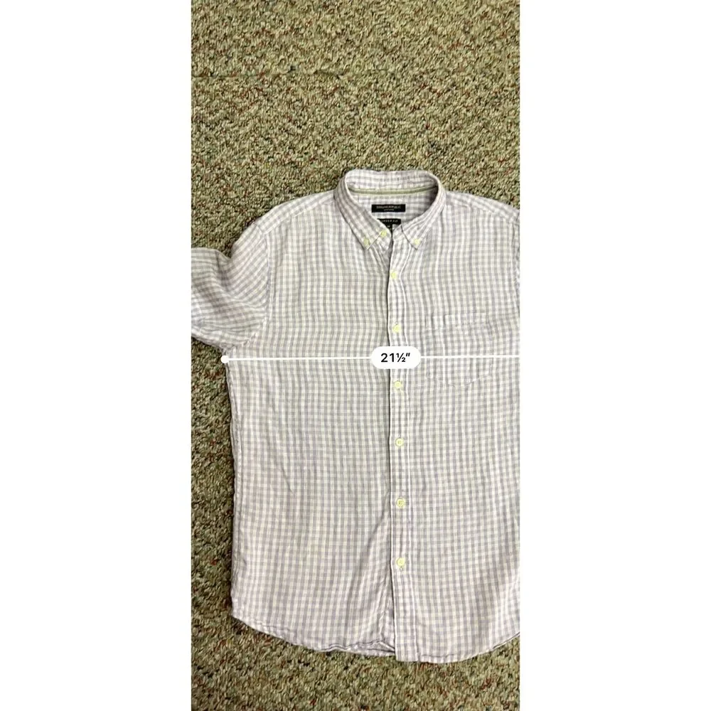 Banana Republic Men's Lavender White Linen Gingham SS Button-Down Shirt Size M